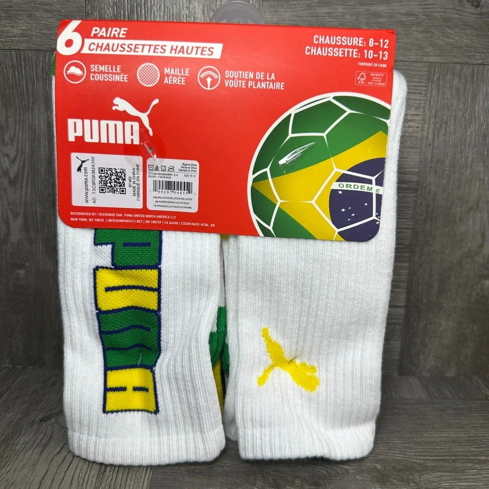 Puma Crew Socks Men 8-12 Brazil Green Yellow White Athletic 6 Pair Pack NEW